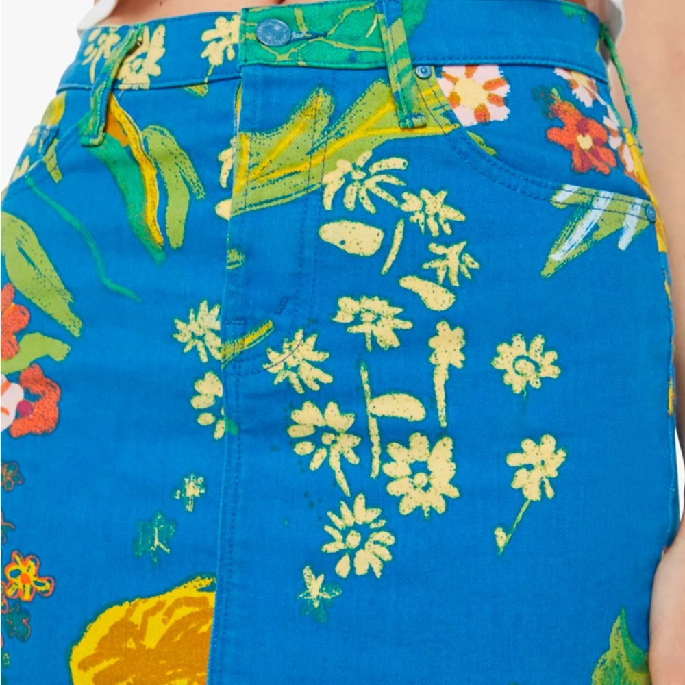 Mother - Floral Denim Mini Skirt 
stretch denim 
14 1/2”